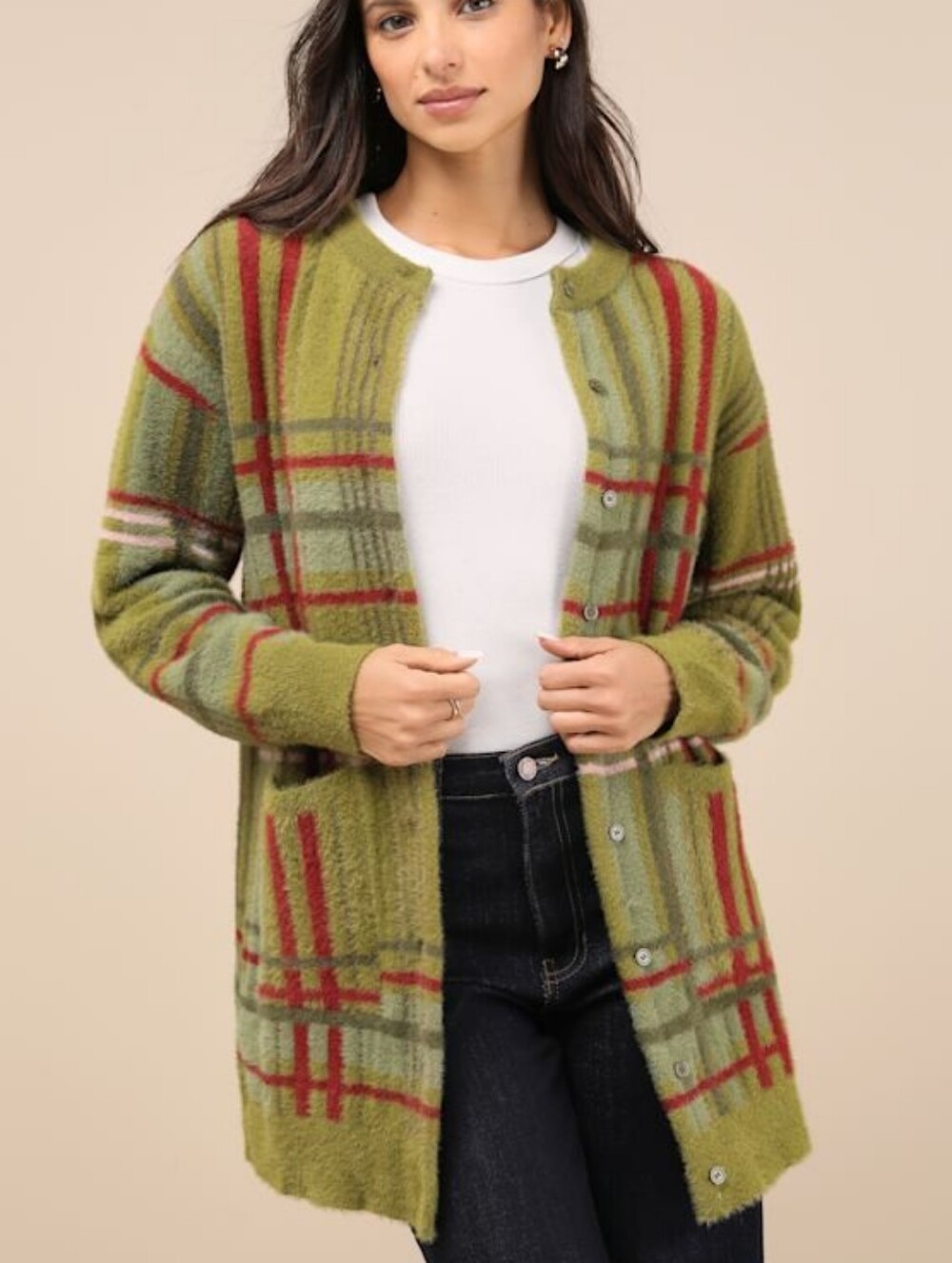 Daisy Street Cozier Days Green Plaid Fuzzy Oversized Cardigan XS